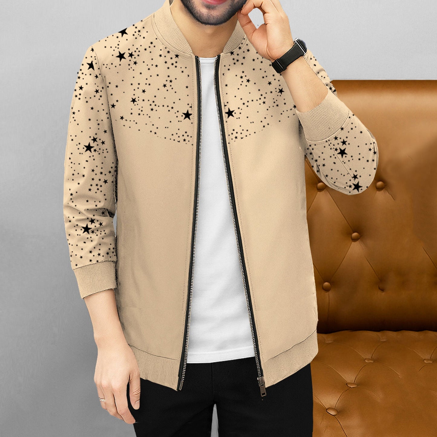 Men Full Sleeve Star Printed Round Neck Jacket Beige
