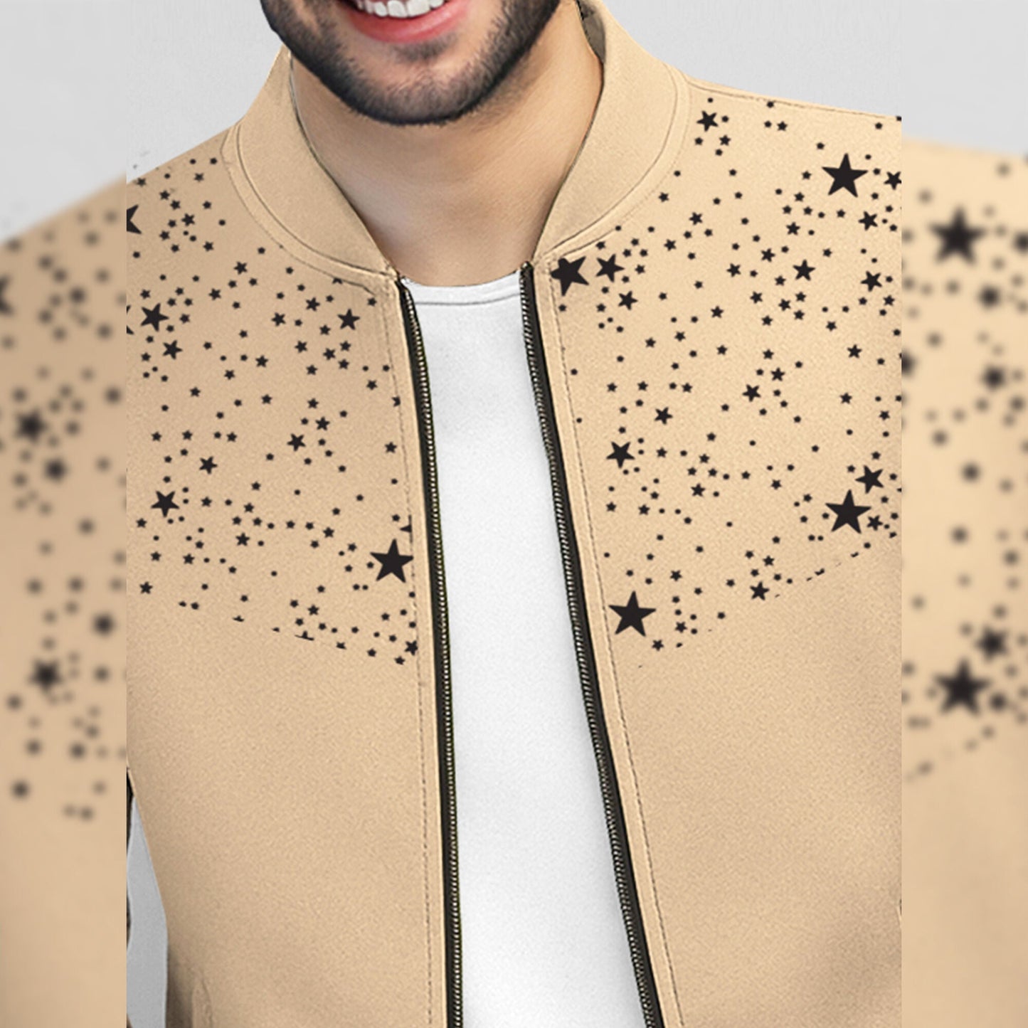 Men Full Sleeve Star Printed Round Neck Jacket Beige