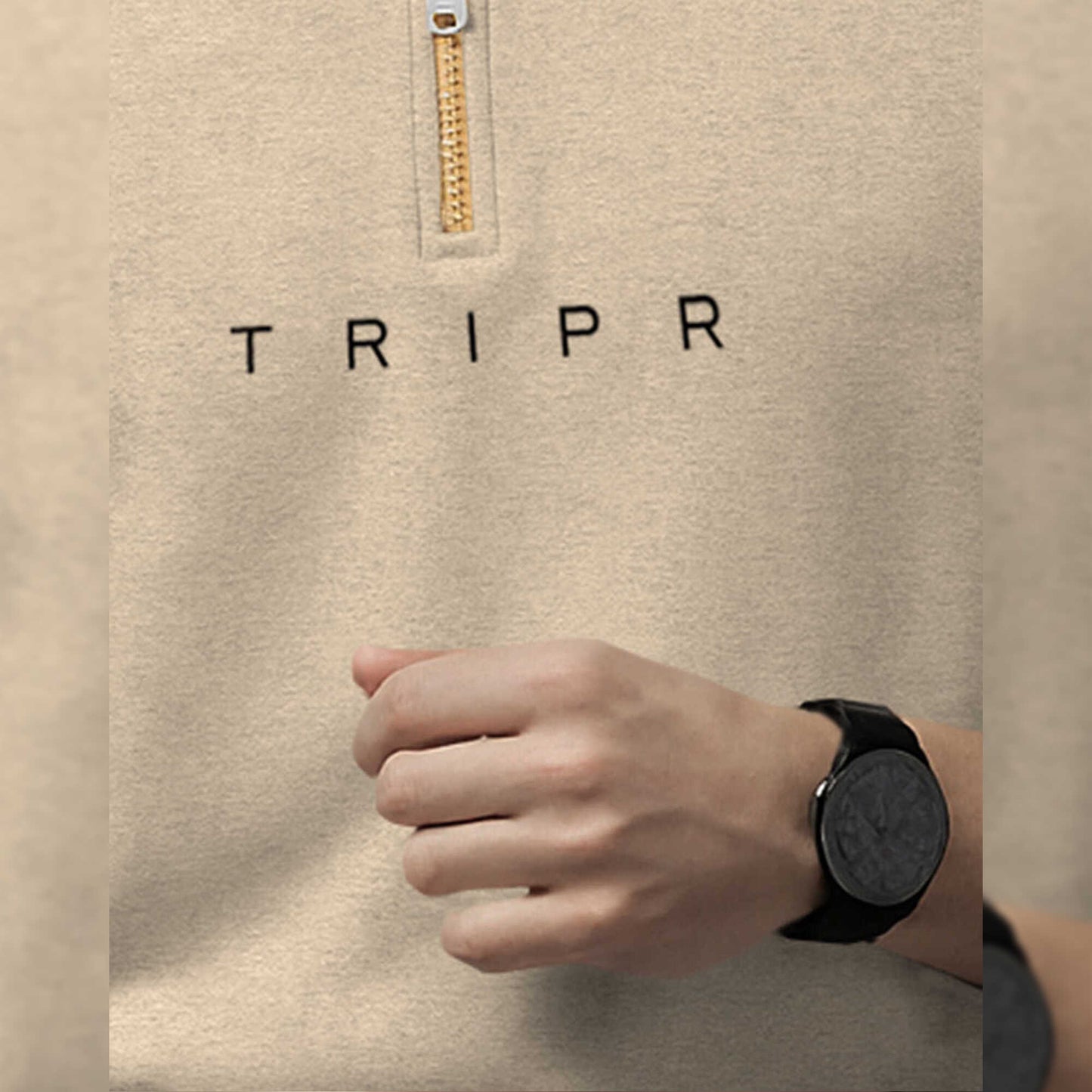 Men Full Sleeve High Neck Sweatshirt Beige