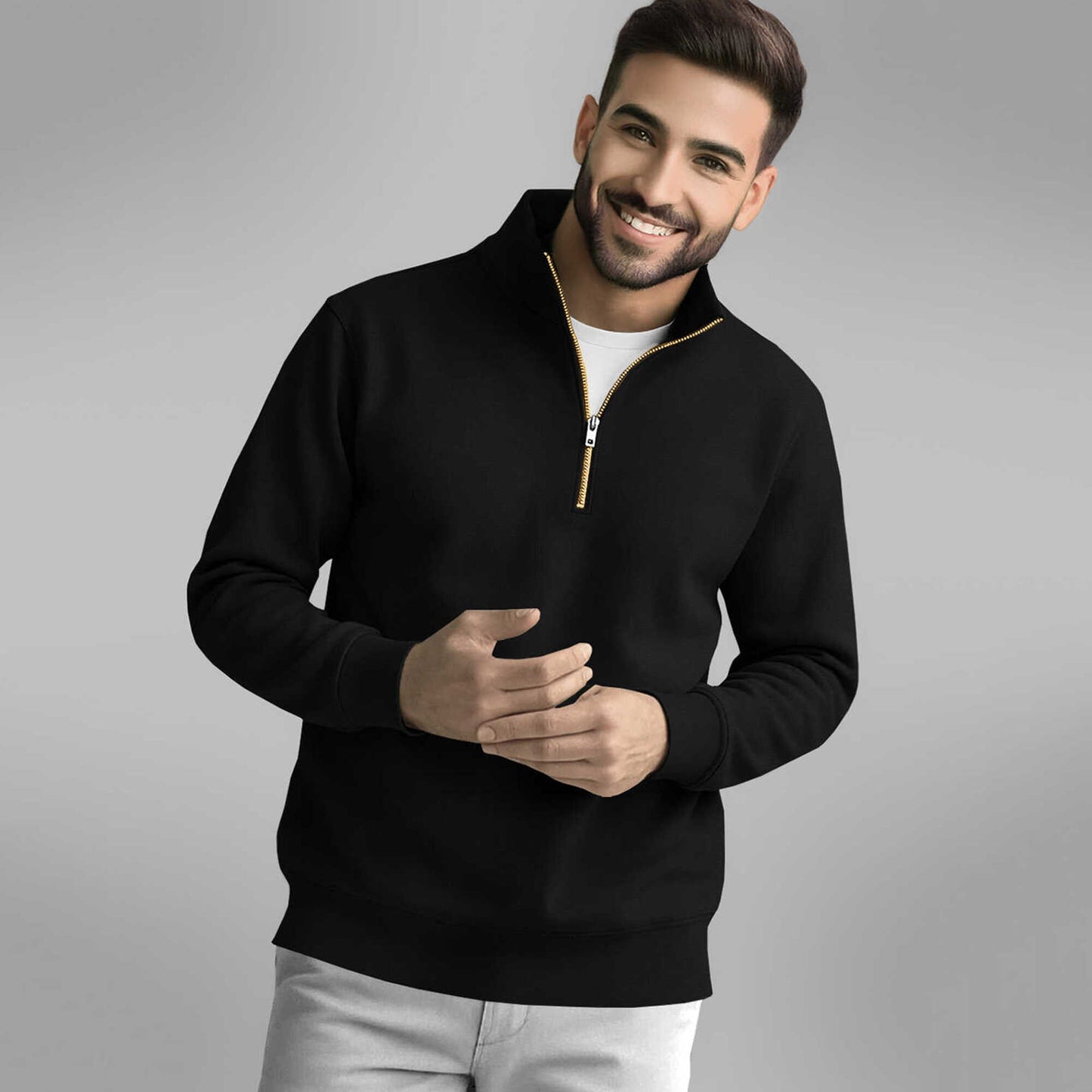 Men High Neck Quarter Zip Up Black Sweatshirt