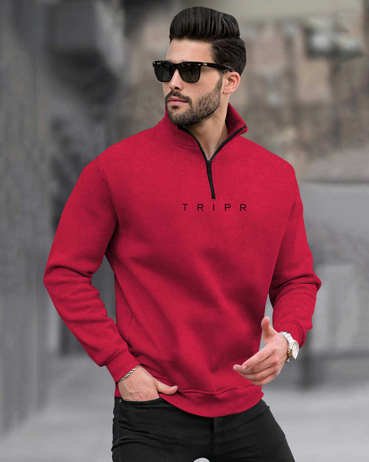 Men Zipper High Neck Red Sweatshirt