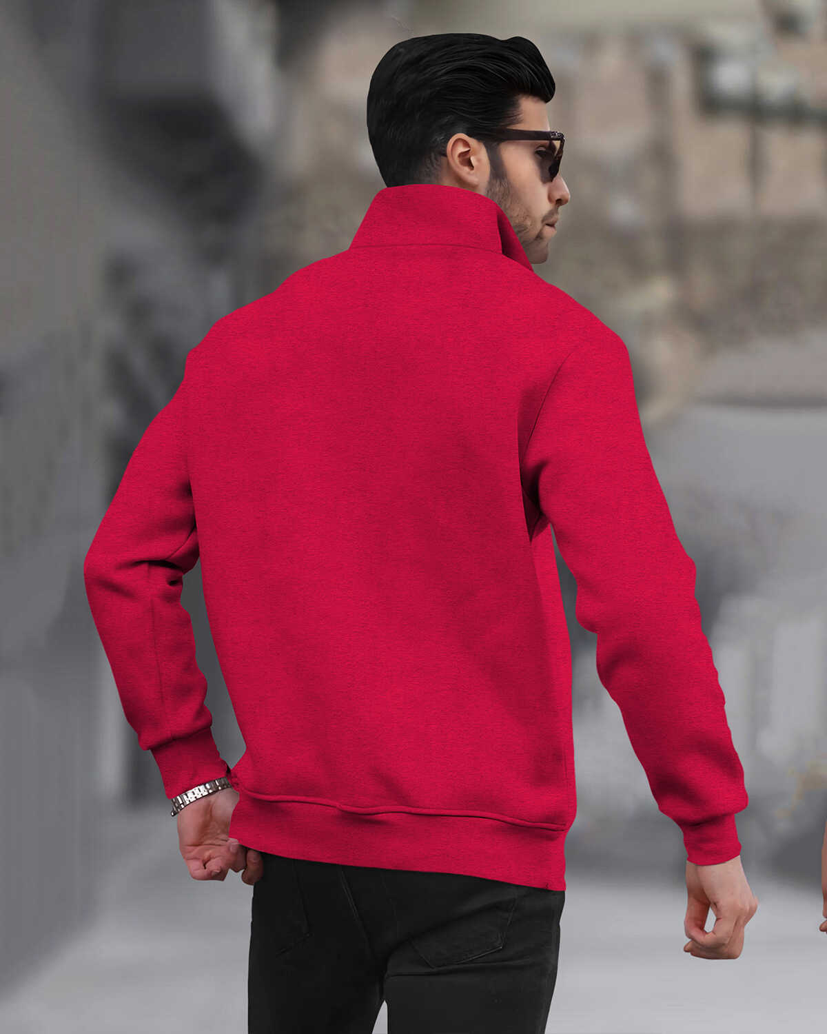 Men Zipper High Neck Red Sweatshirt