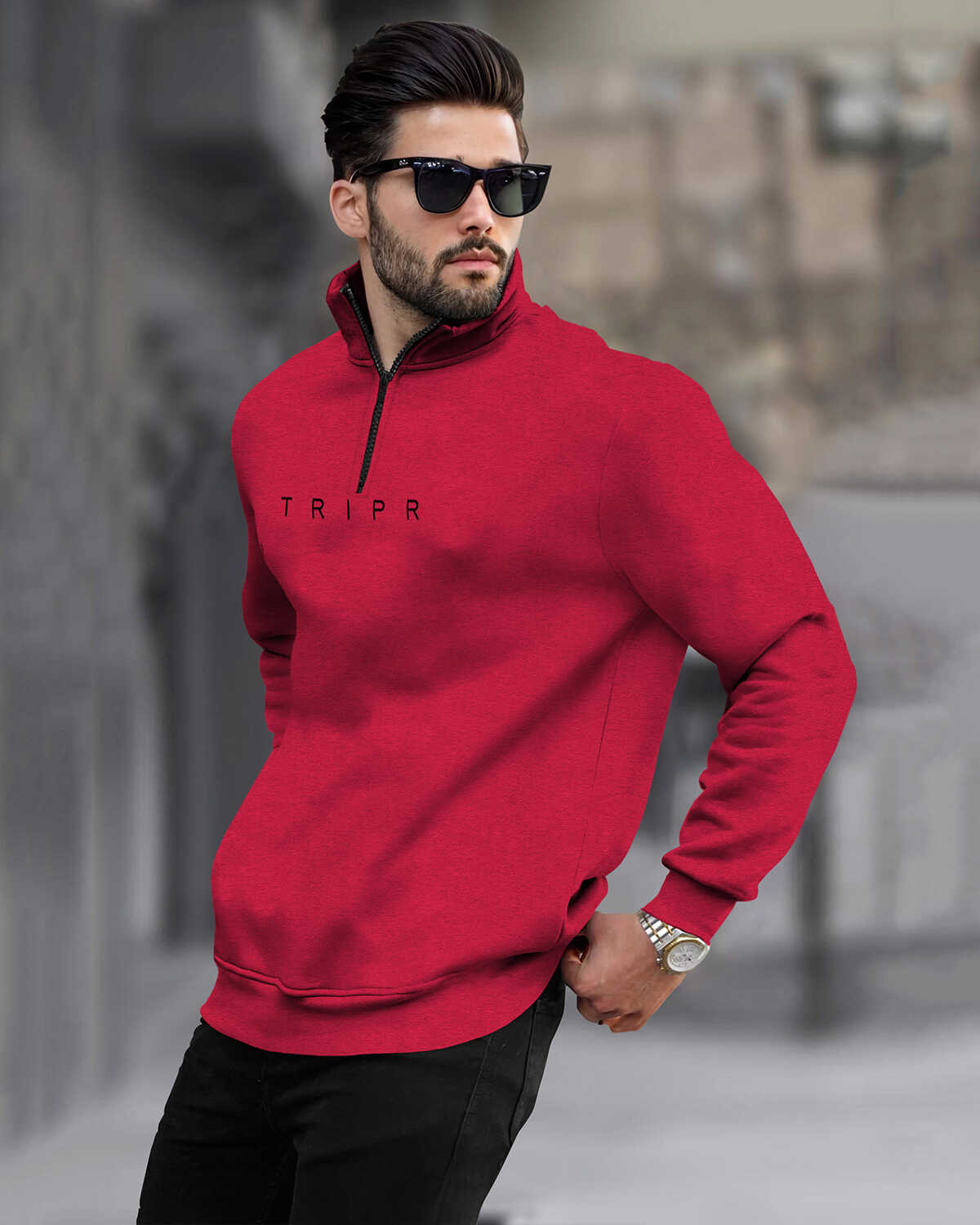 Men Zipper High Neck Red Sweatshirt