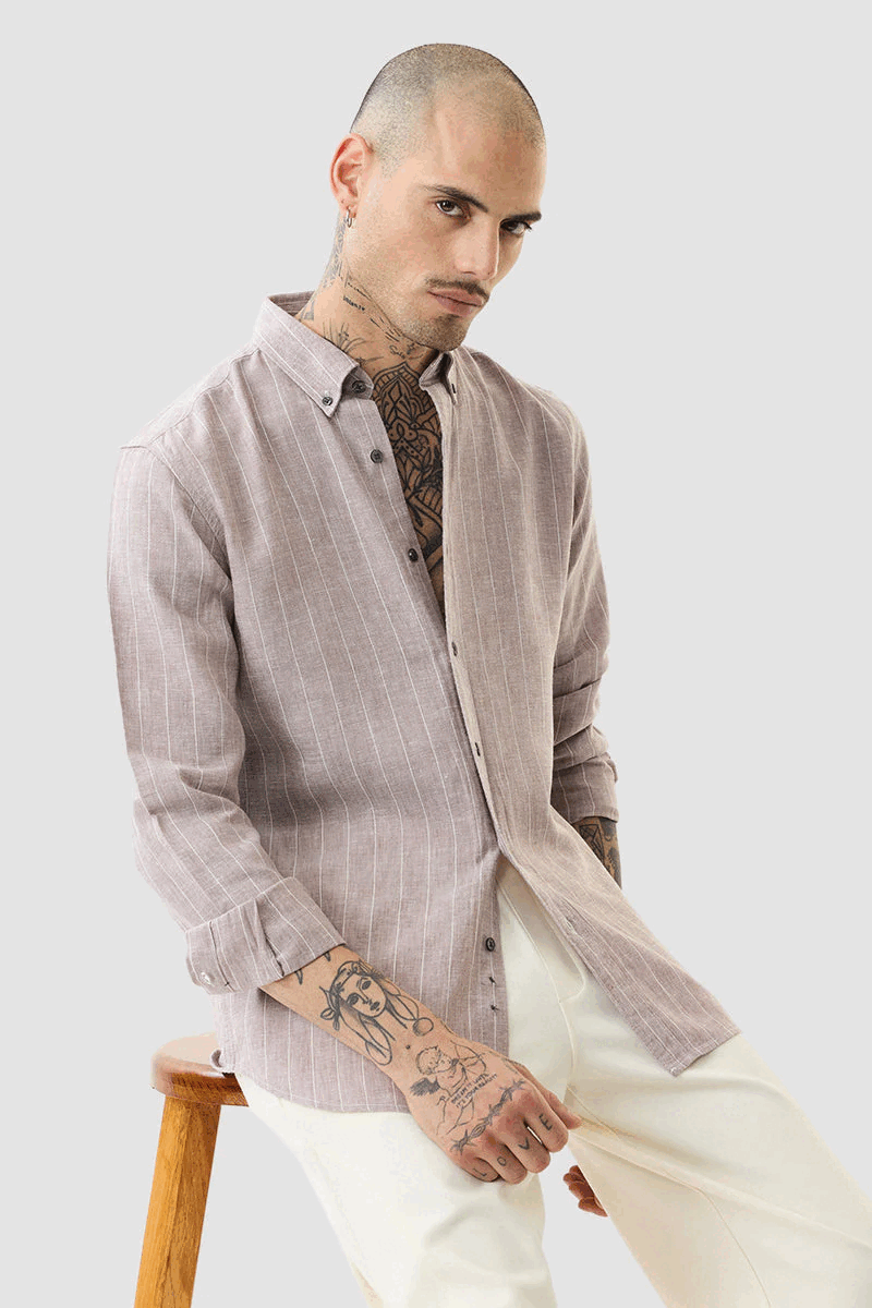 Light Brown Stripes Slim Fit Linen Blend Shirt