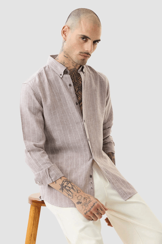Light Brown Stripes Slim Fit Linen Blend Shirt