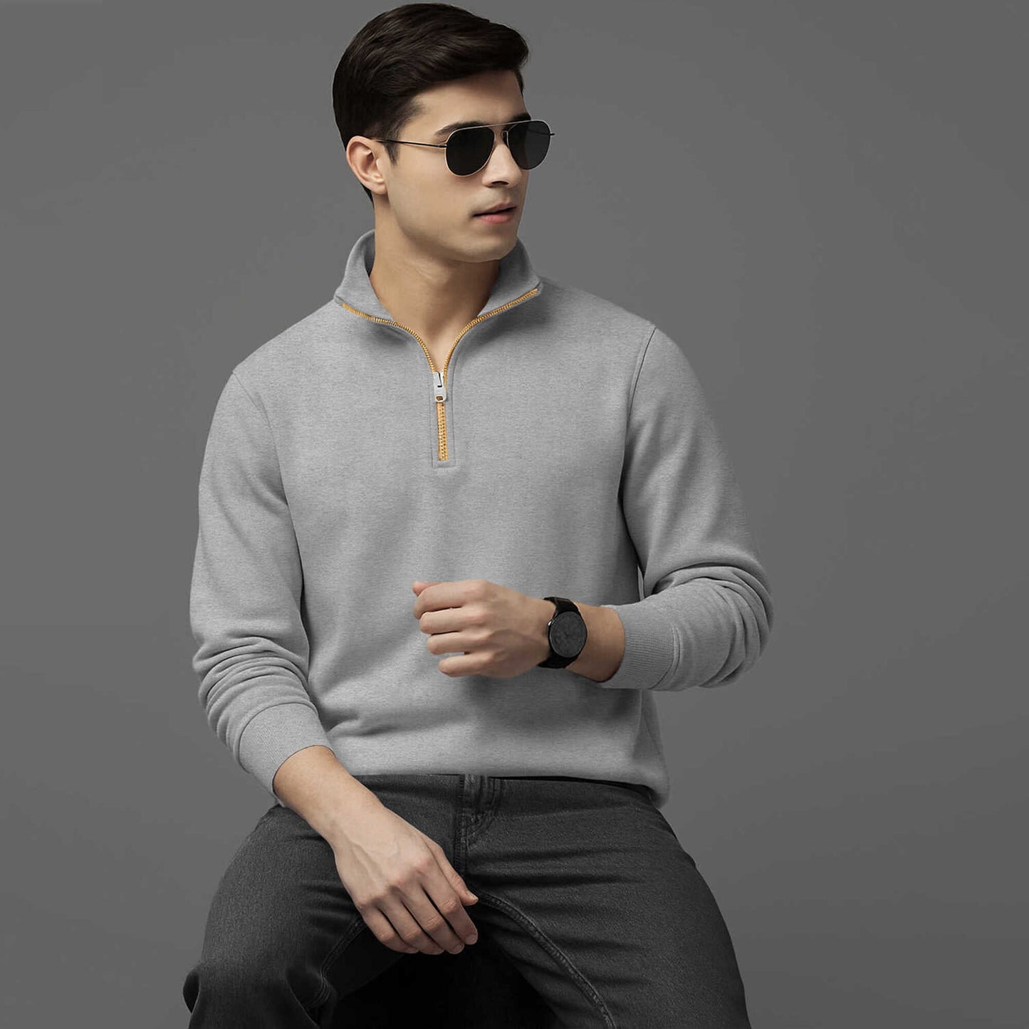 Men High Neck Quarter Zip Up Grey Sweatshirt