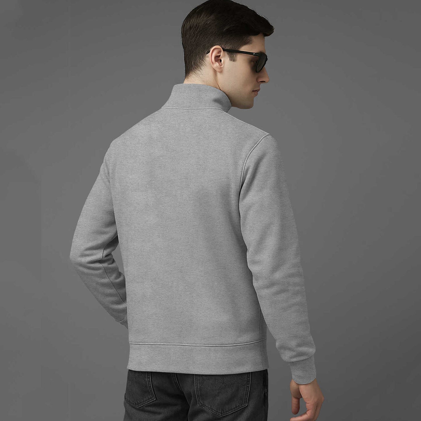 Men High Neck Quarter Zip Up Grey Sweatshirt