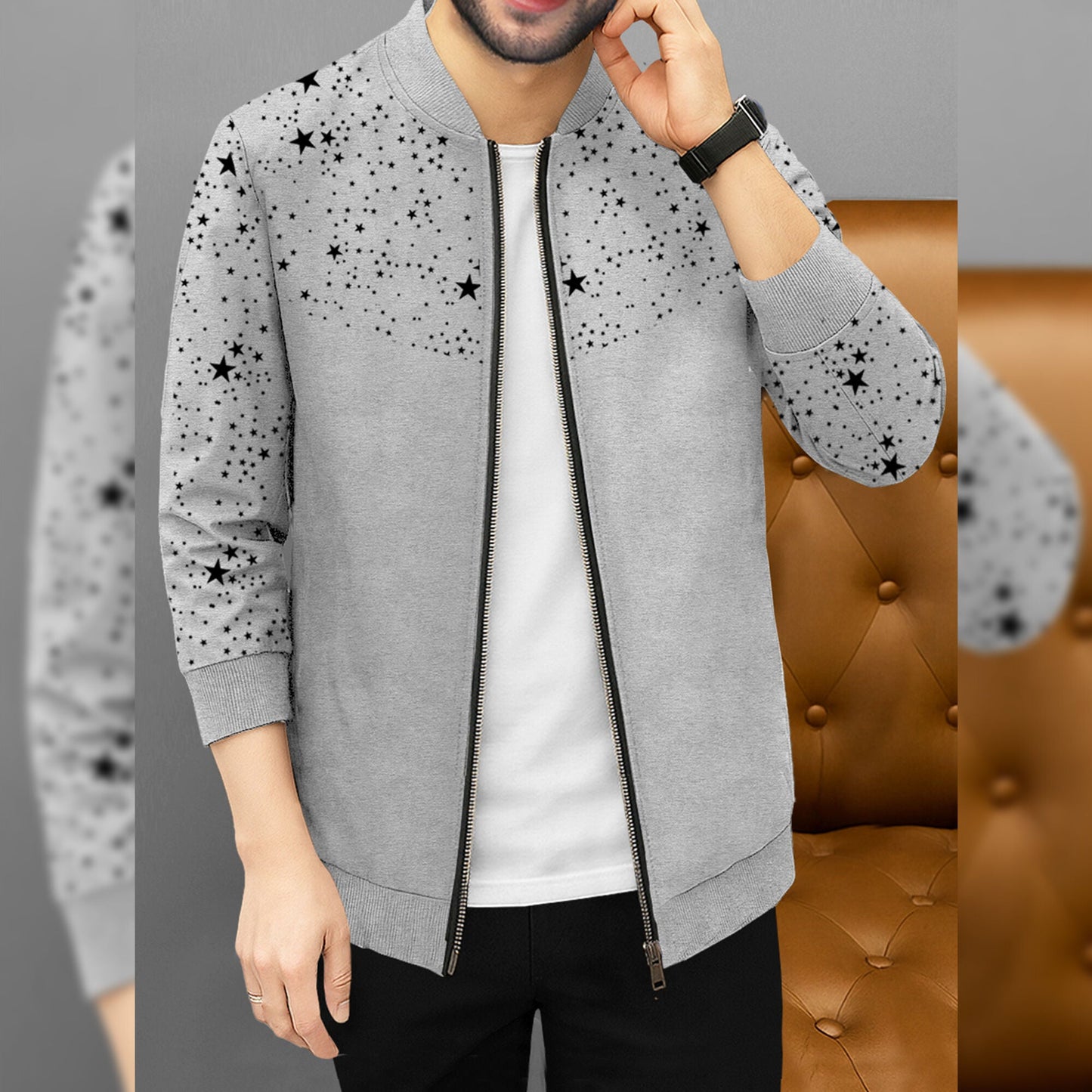 Men Full Sleeve Star Printed Round Neck Jacket Grey