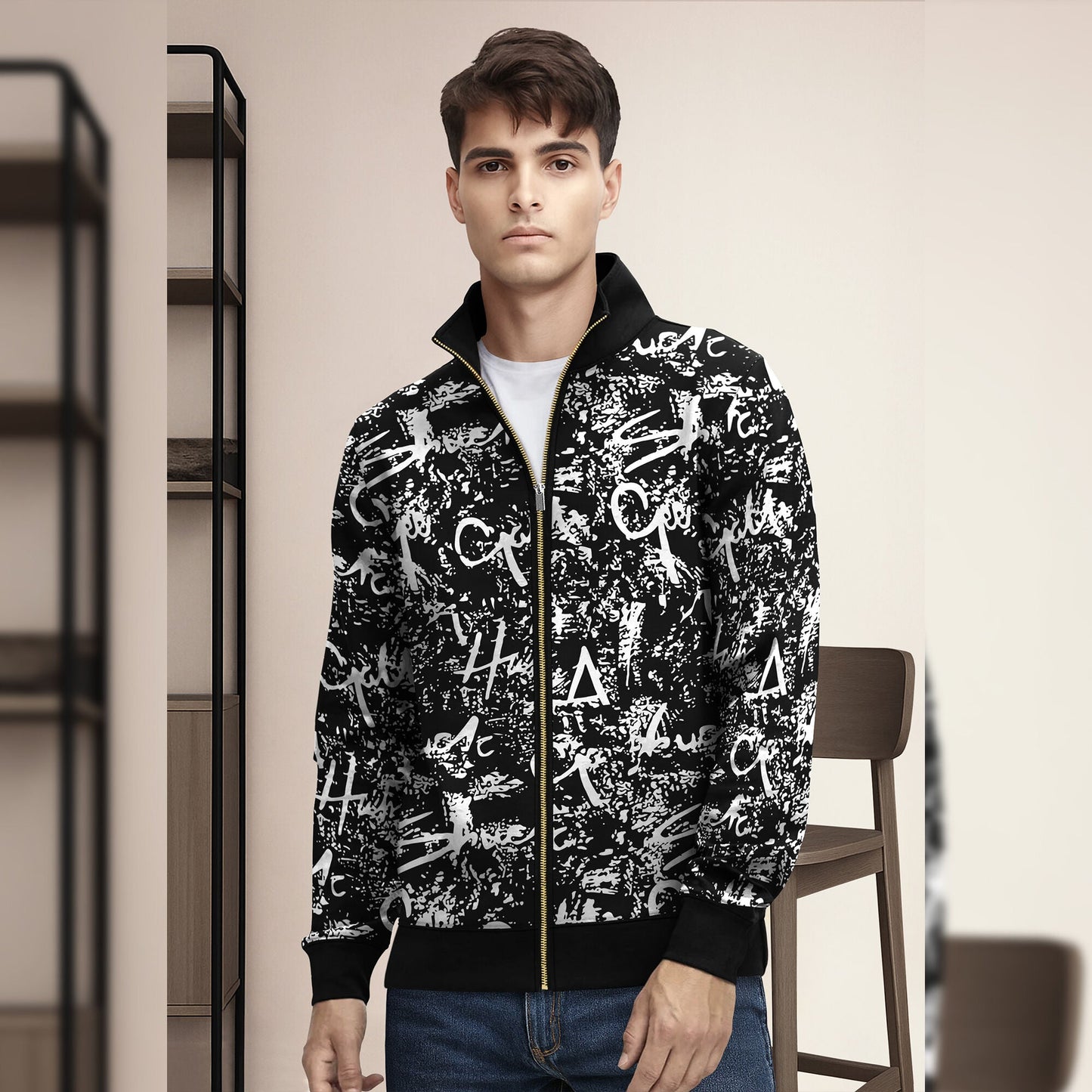 Black And White High Neck All Over Printed Jacket