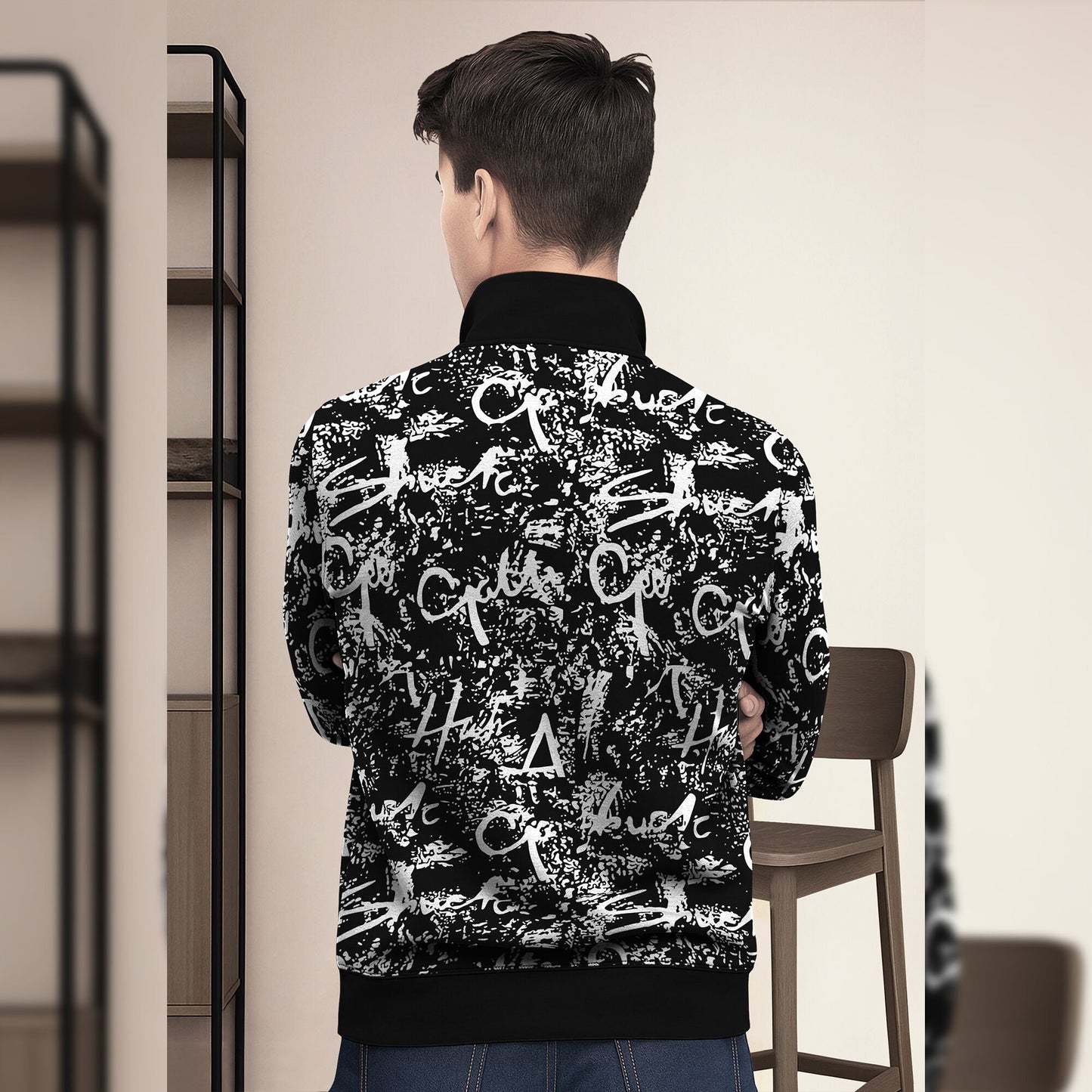 Black And White High Neck All Over Printed Jacket