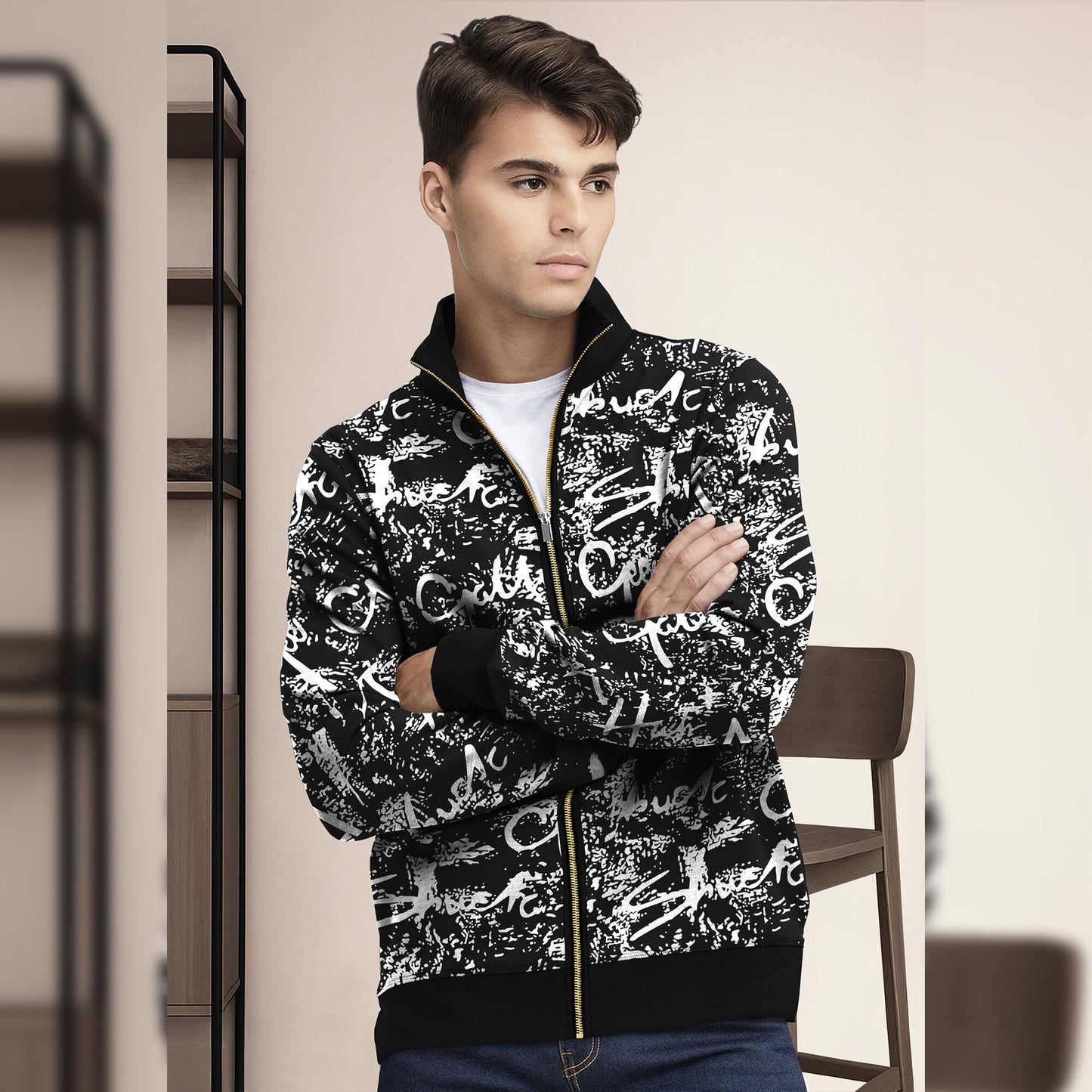 Black And White High Neck All Over Printed Jacket