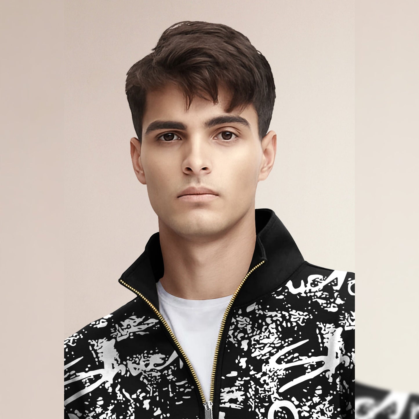 Black And White High Neck All Over Printed Jacket