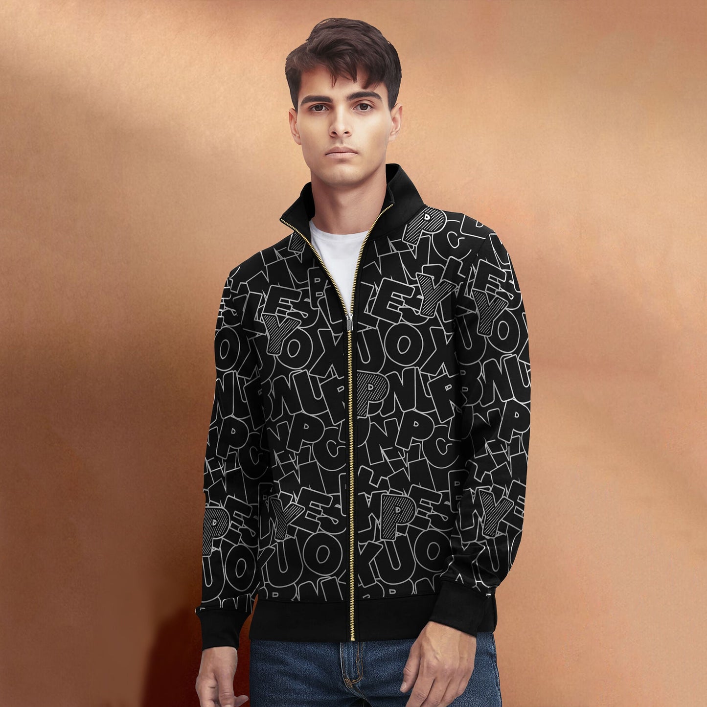 Black And White High Neck All Over Printed Jacket