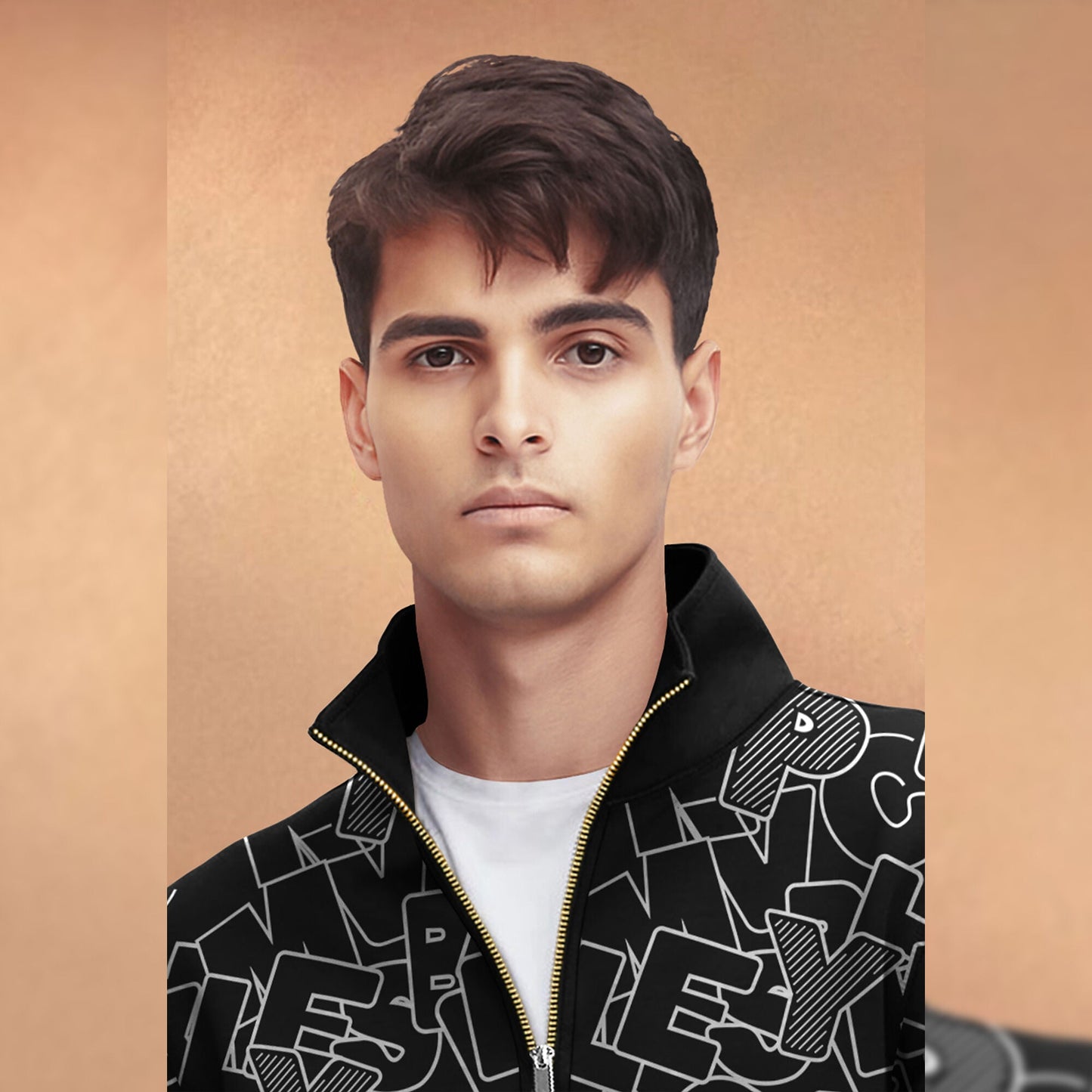 Black And White High Neck All Over Printed Jacket