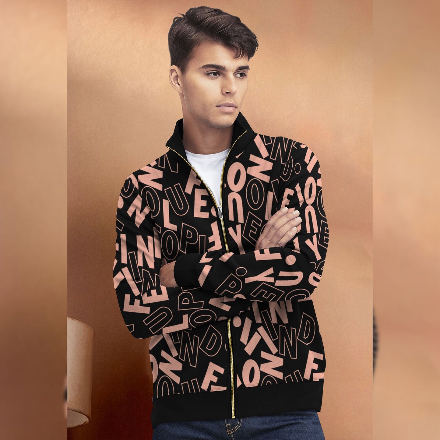 Black And Brown High Neck All Over Printed Jacket