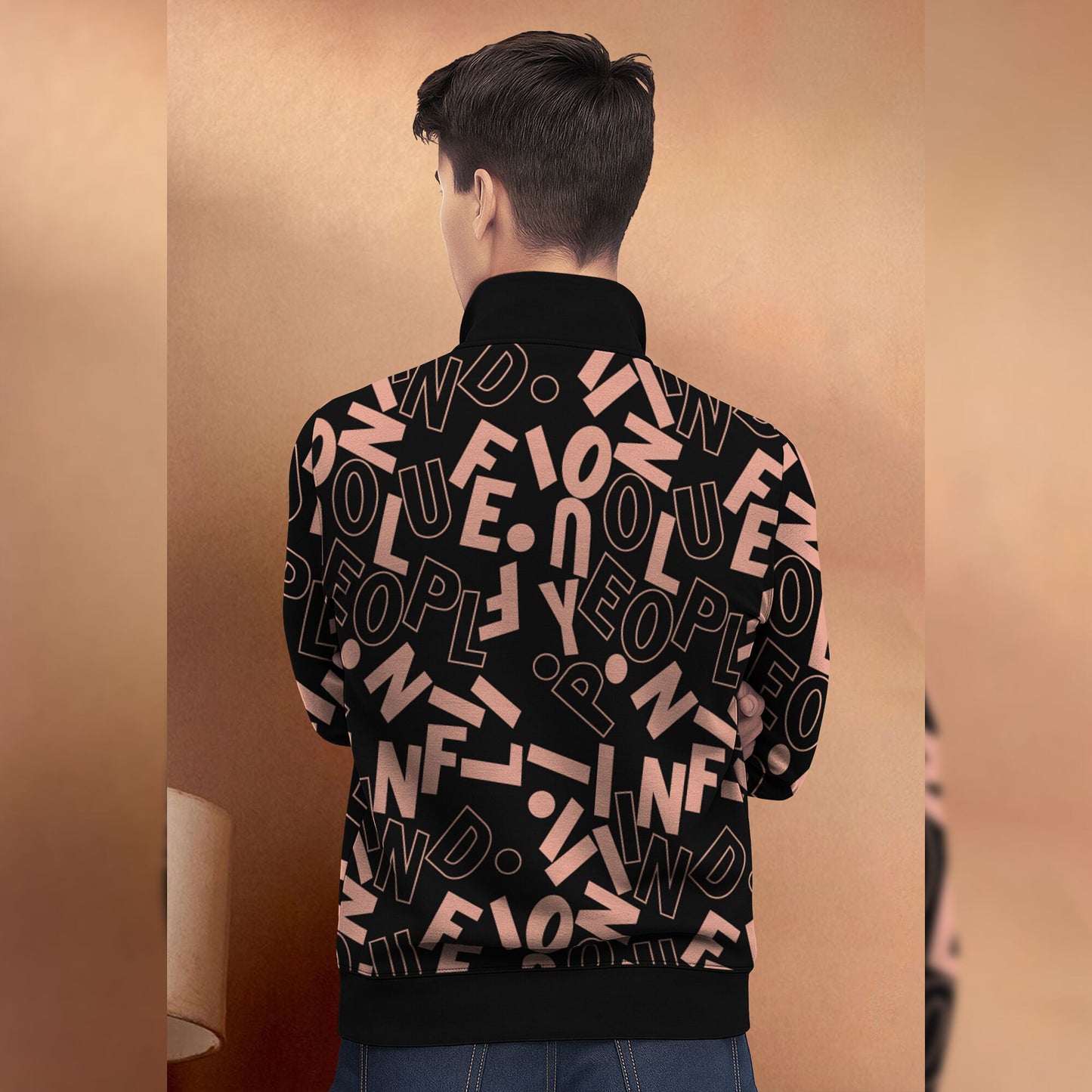 Black And Brown High Neck All Over Printed Jacket