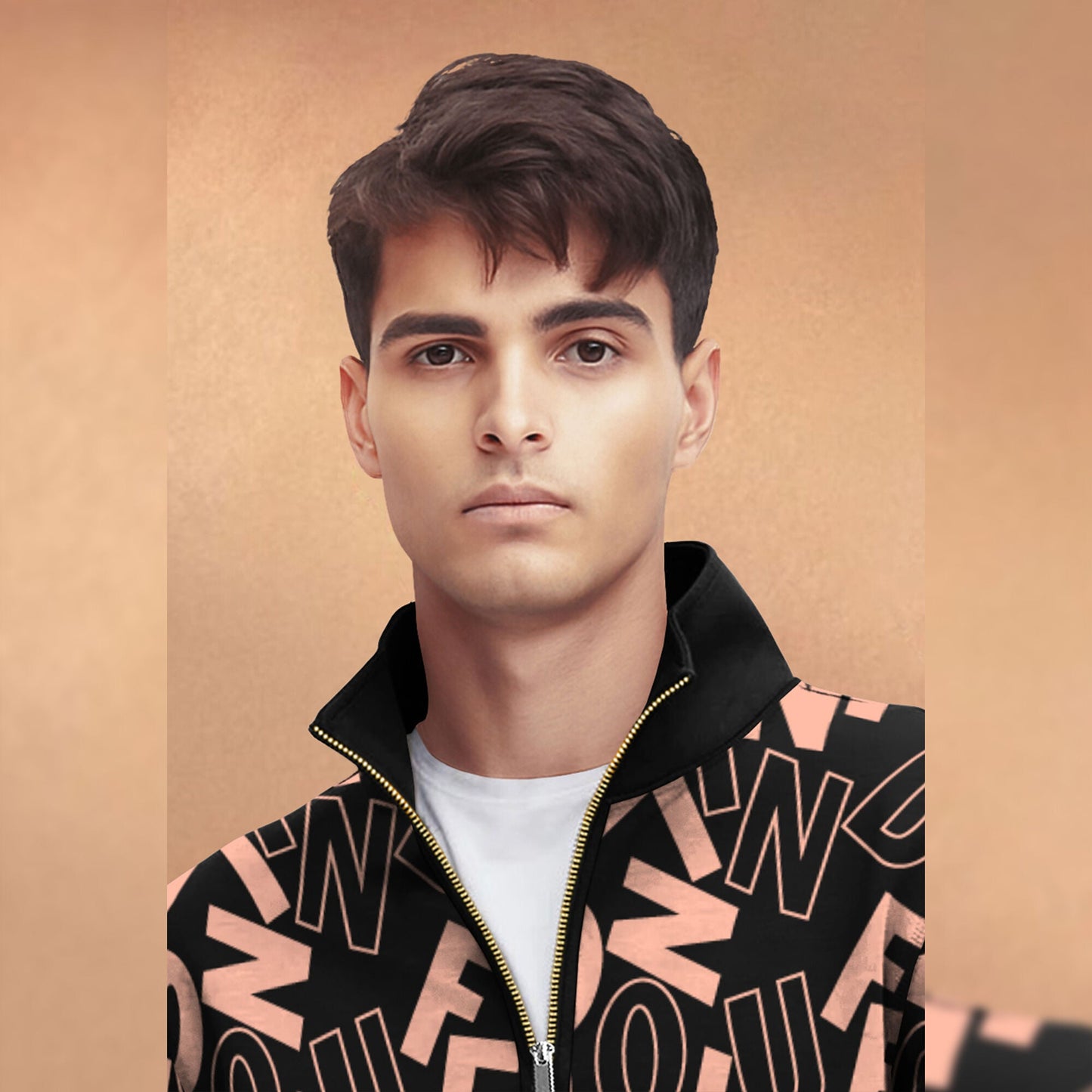 Black And Brown High Neck All Over Printed Jacket