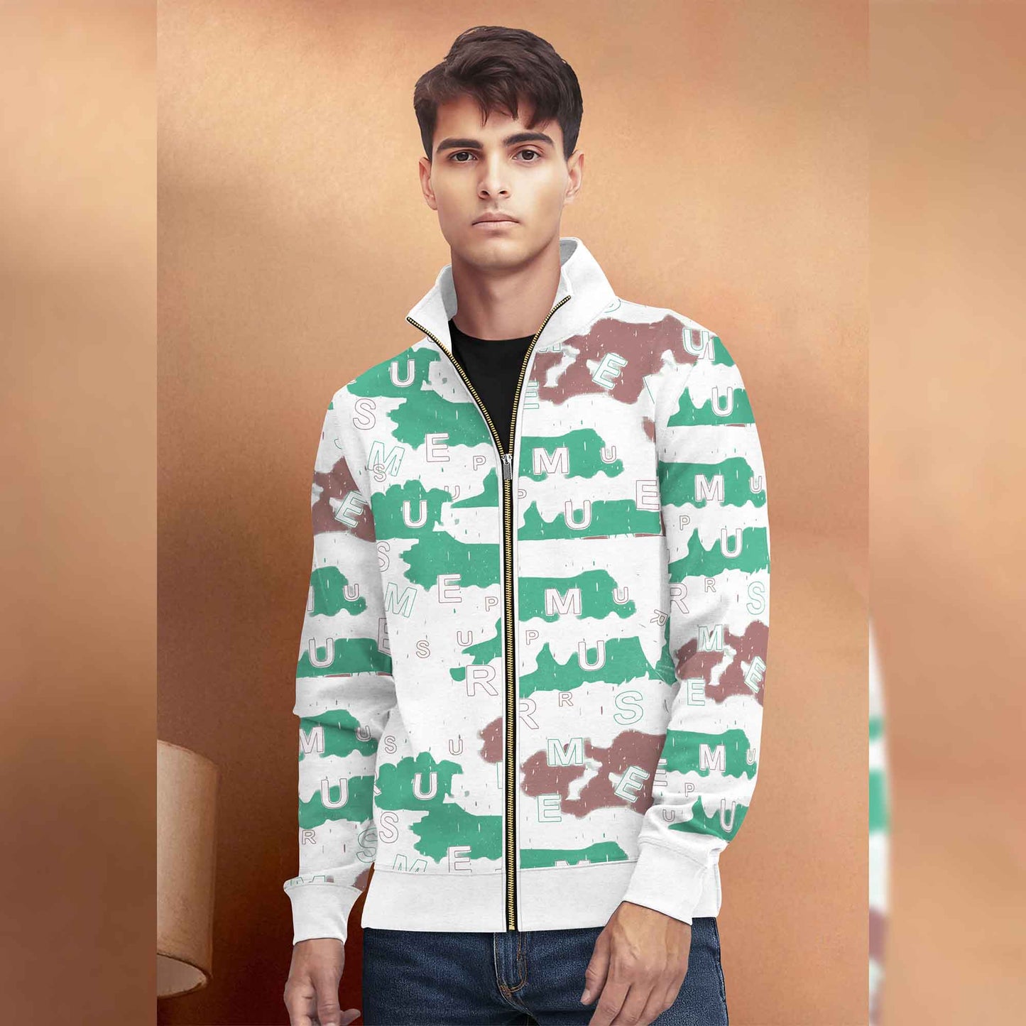 White High Neck Printed Casual Jacket