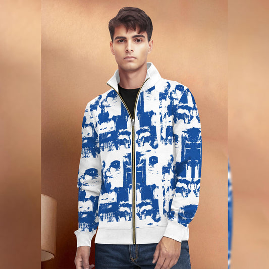 White & Blue High Neck Printed Casual Jacket