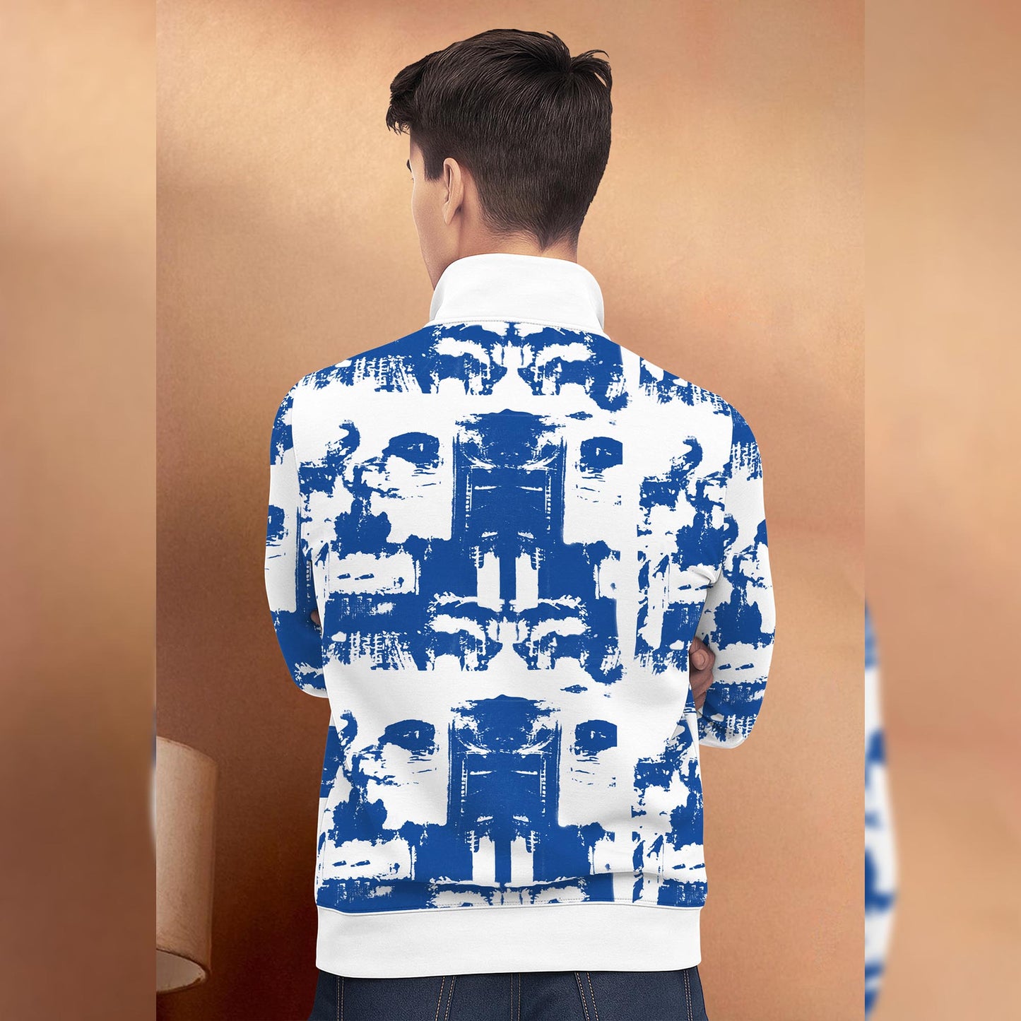 White & Blue High Neck Printed Casual Jacket