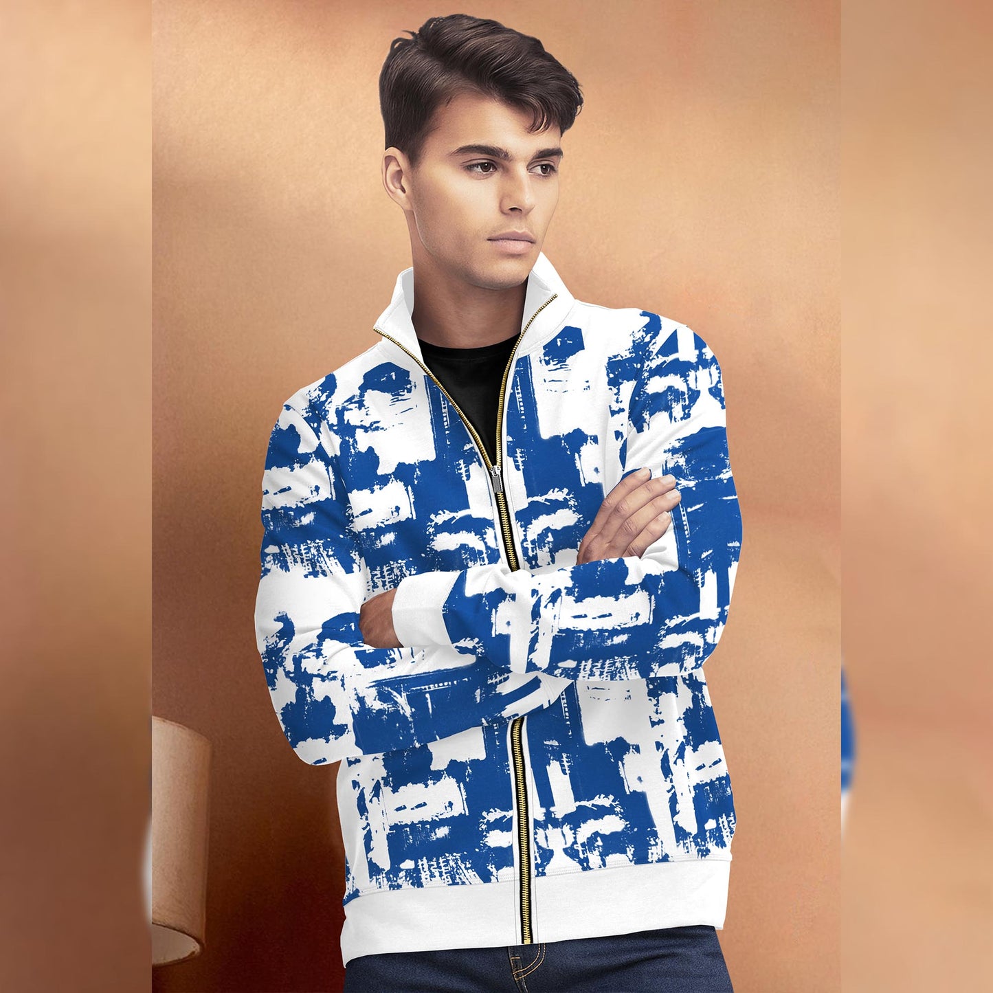 White & Blue High Neck Printed Casual Jacket