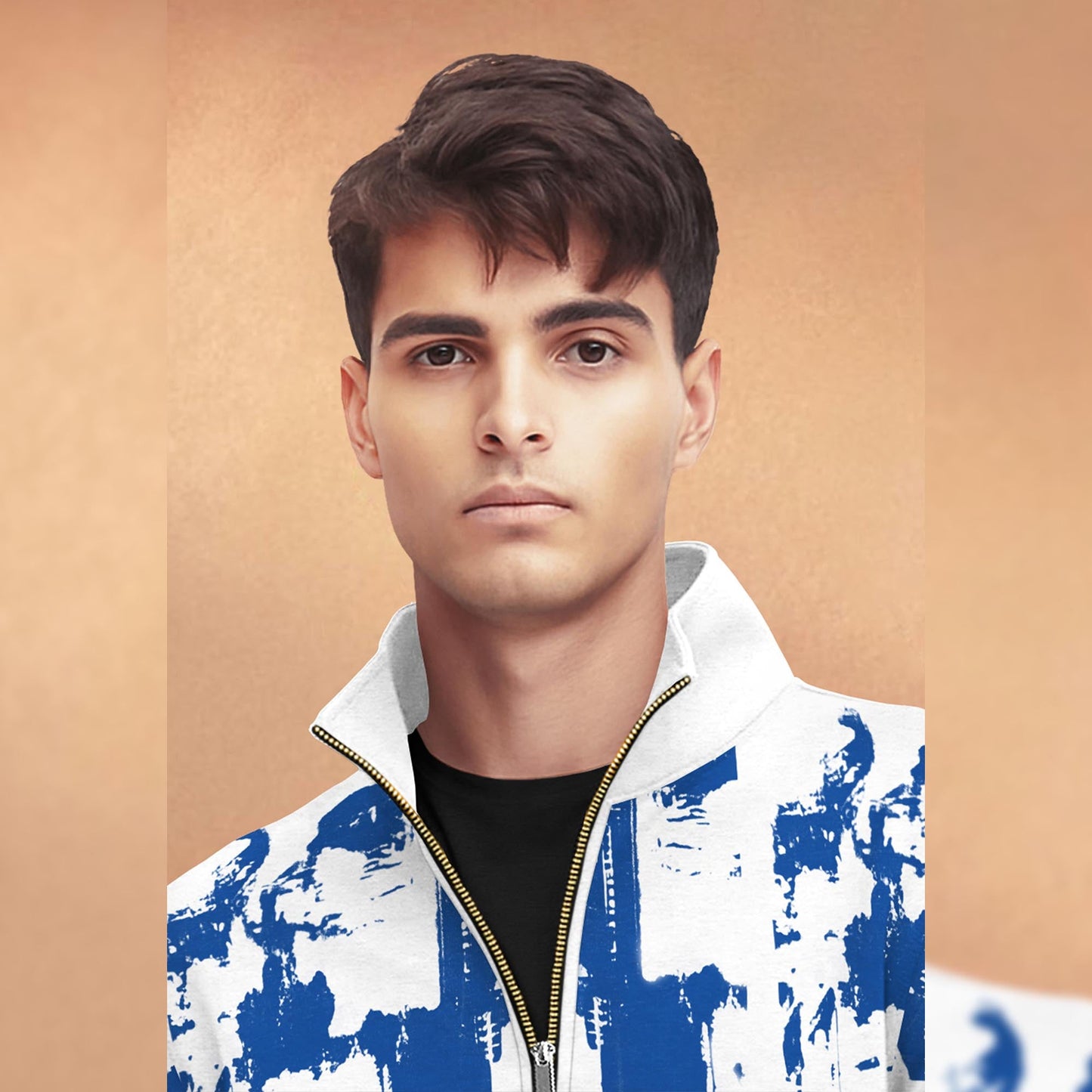 White & Blue High Neck Printed Casual Jacket