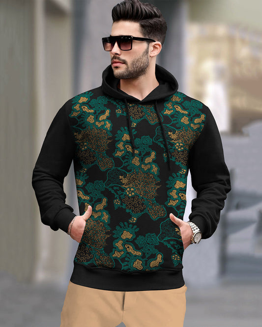 Men Black Floral Printed Hooded Sweatshirt