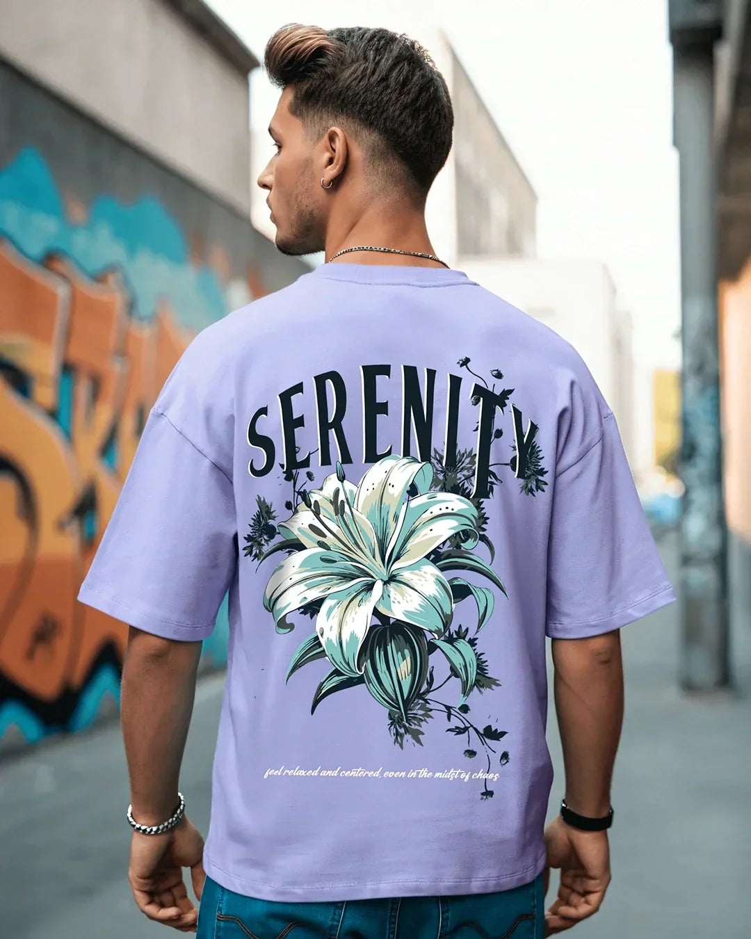 Men's Baby Lavender Serenity Graphic Printed Oversized T-shirt