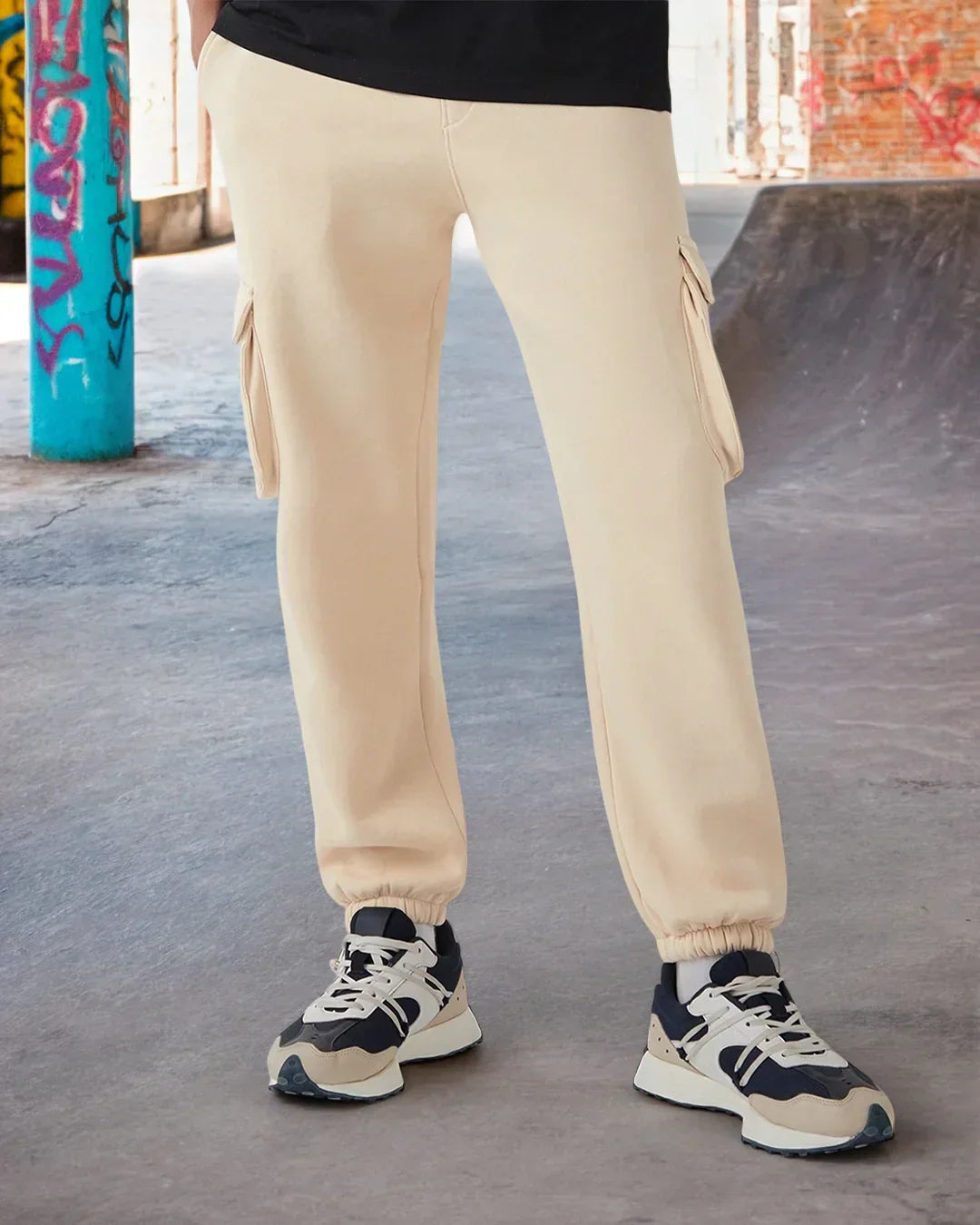 Men's Beige Oversized Brushed Cargo Joggers