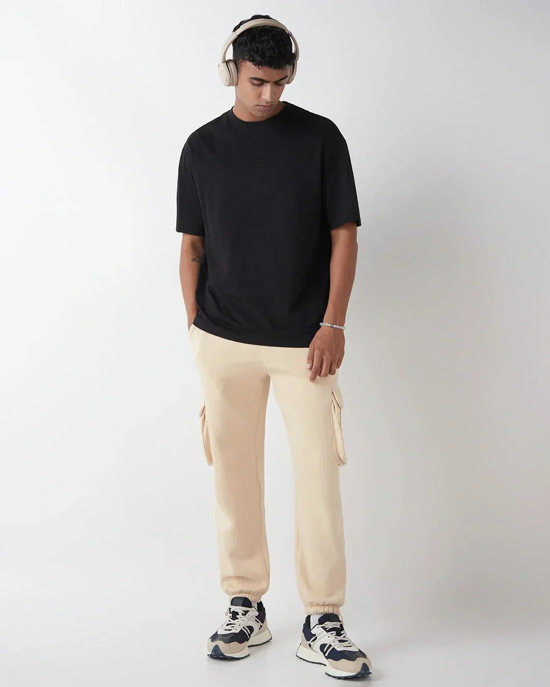 Men's Beige Oversized Brushed Cargo Joggers
