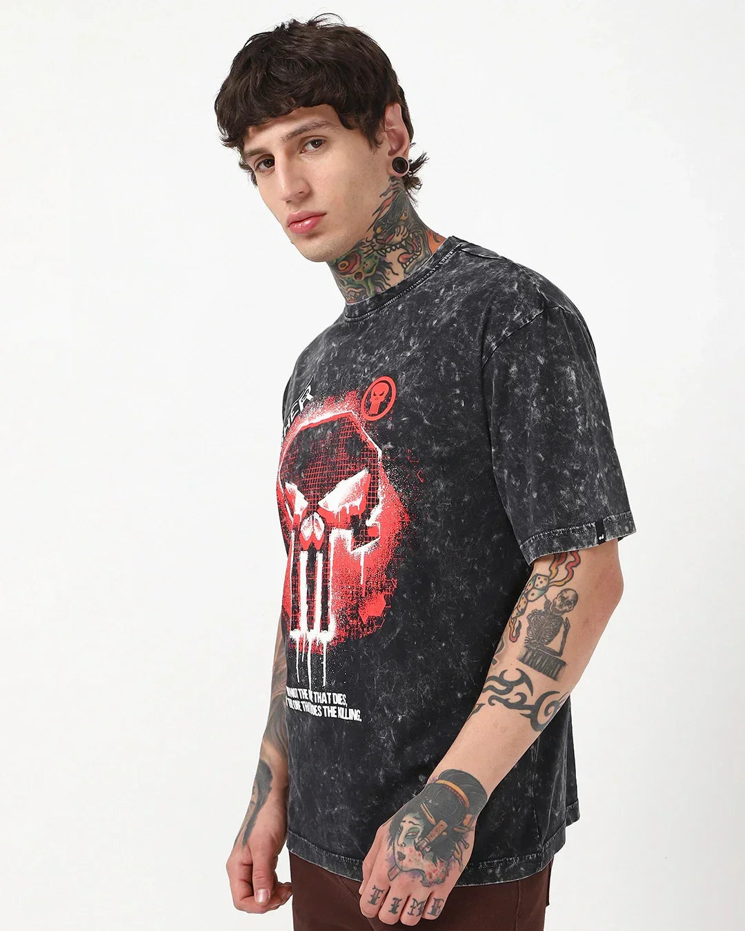 Men's Black Punisher Graphic Printed Oversized Acid Wash T-shirt