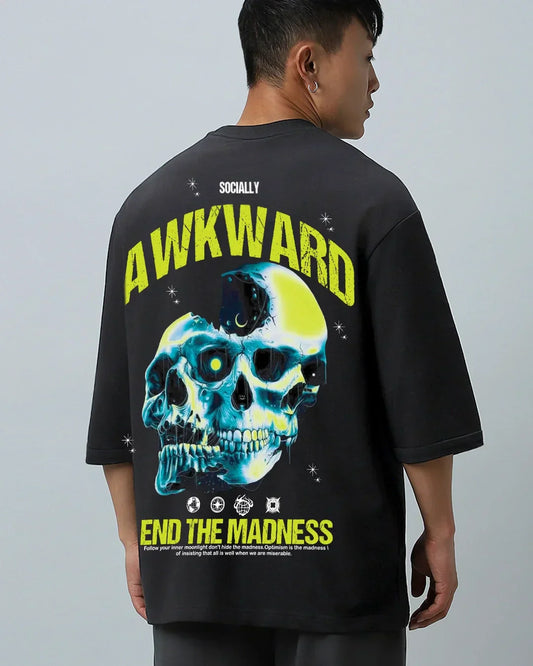 Men's Black Socially Awkward Graphic Printed Super Loose Fit T-shirt