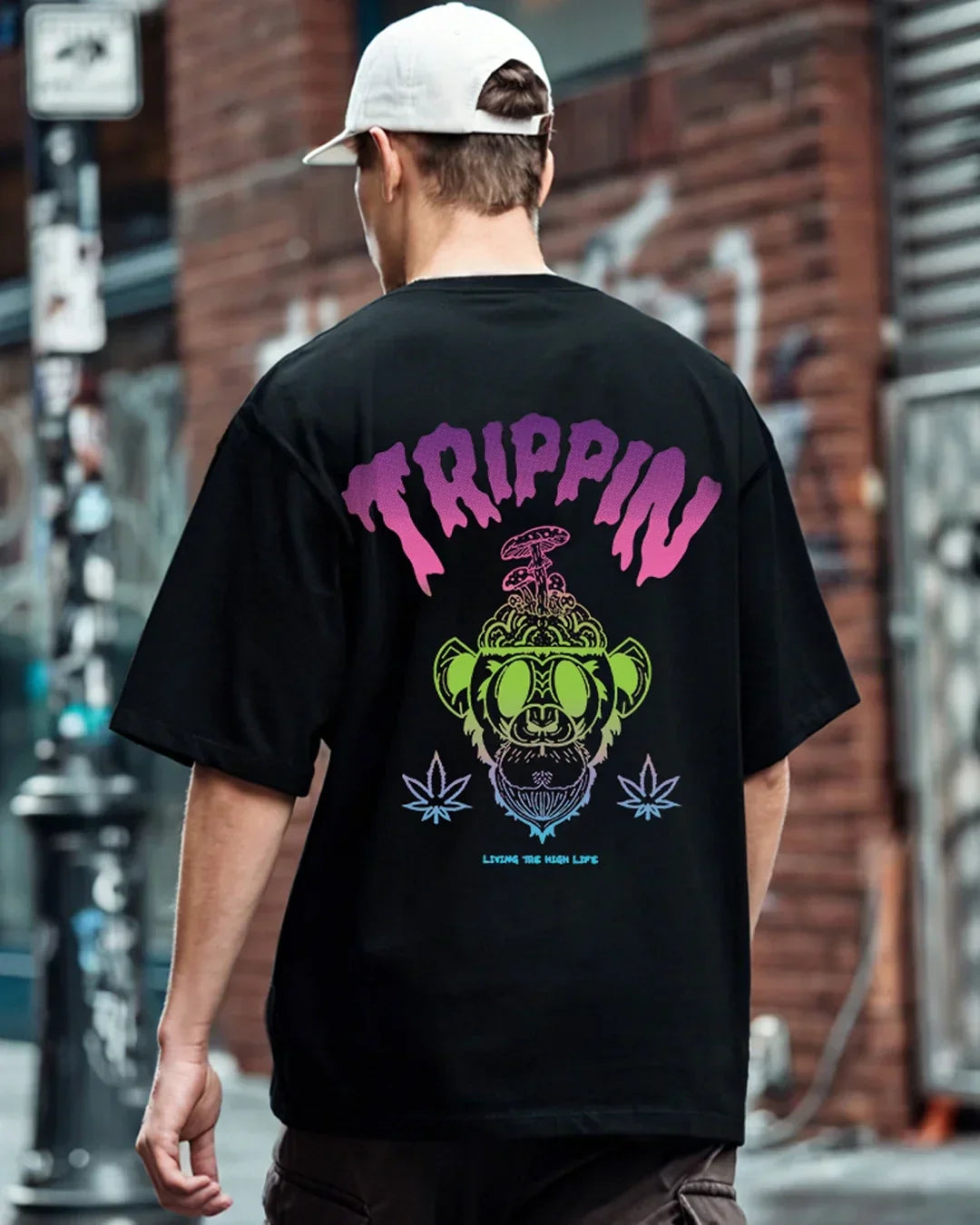 Men's Black Tripping Monkey Graphic Printed Oversized T-shirt