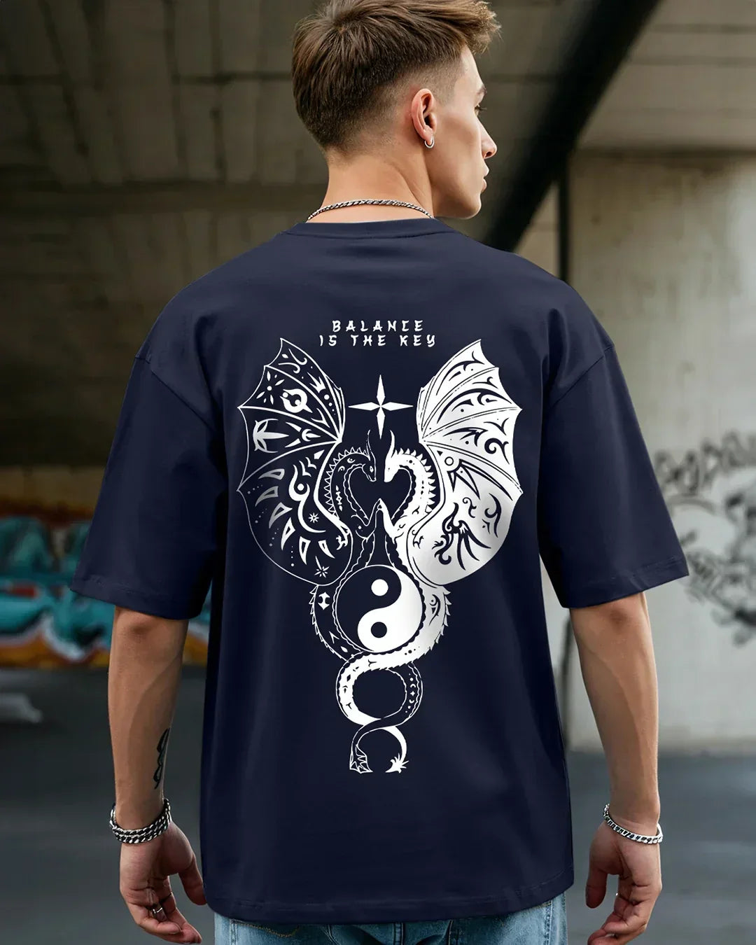 Men's Blue Seek Balance Graphic Printed Oversized T-shirt