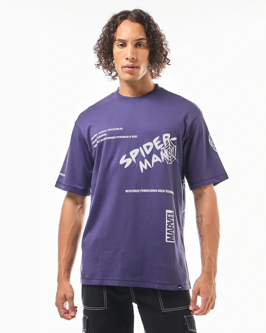 Men's Skipper Blue Spider Man Graphic Printed Oversized T-shirt