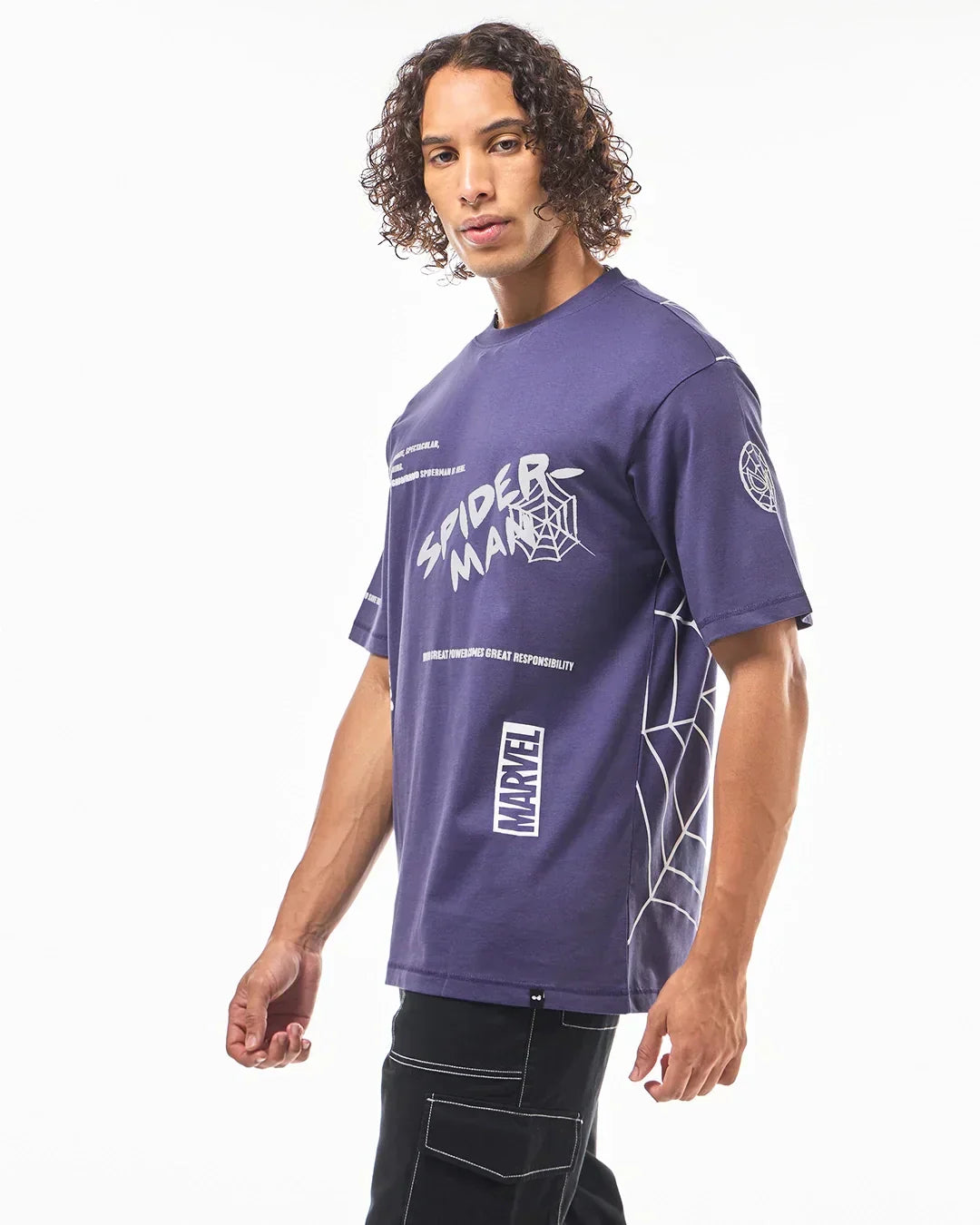 Men's Skipper Blue Spider Man Graphic Printed Oversized T-shirt