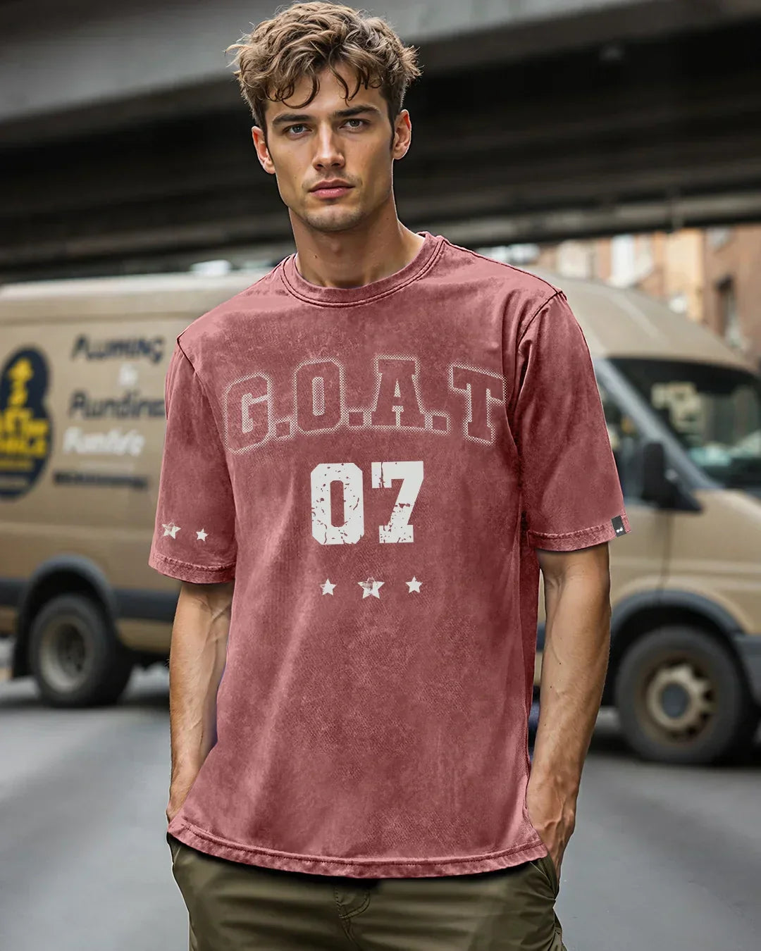 Men's Brick Red Goat 07 Typography Oversized Acid Wash T-shirt
