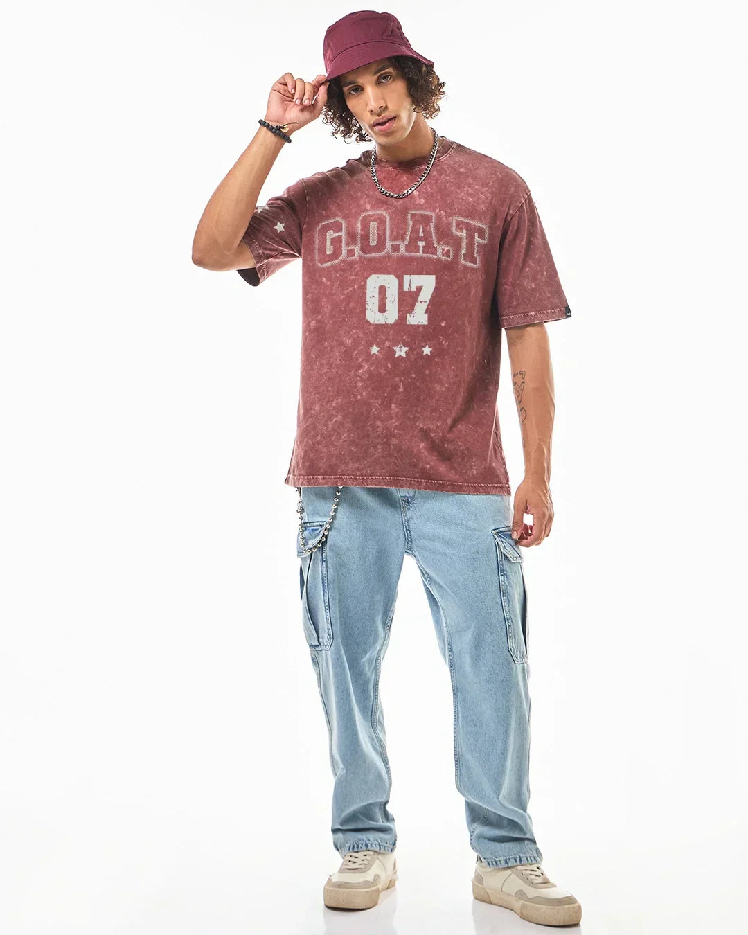 Men's Brick Red Goat 07 Typography Oversized Acid Wash T-shirt