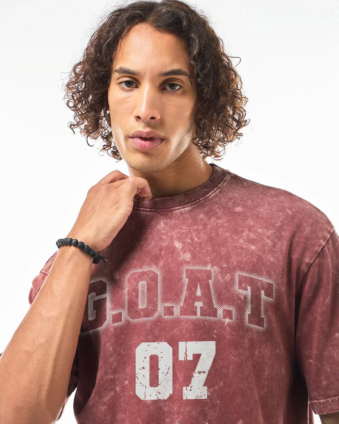Men's Brick Red Goat 07 Typography Oversized Acid Wash T-shirt