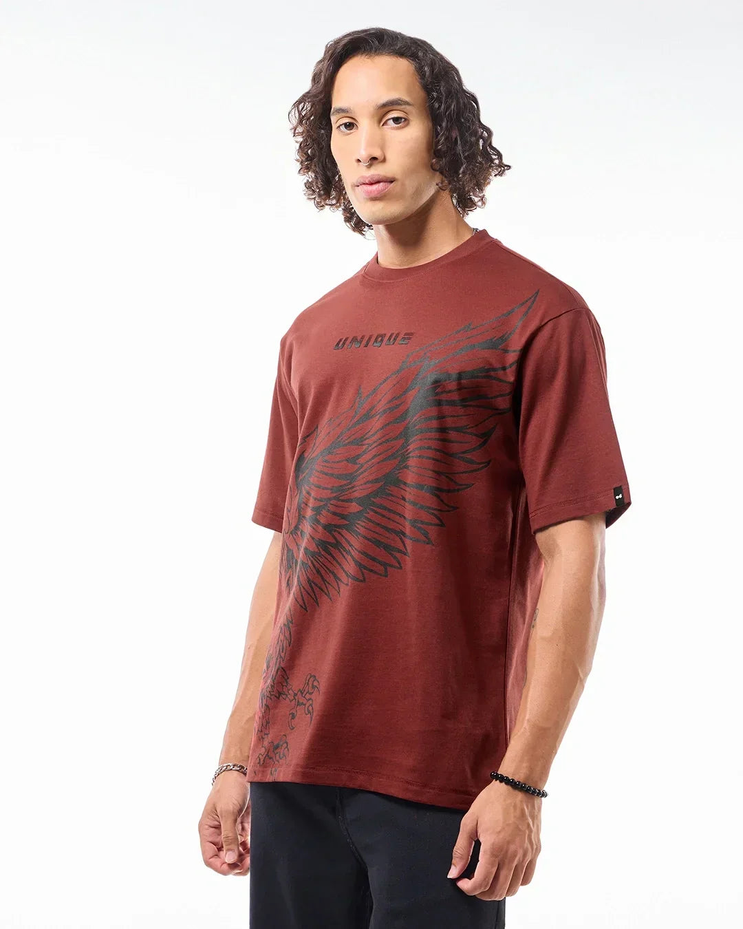 Men's Brick Red Unique Graphic Printed Oversized T-shirt