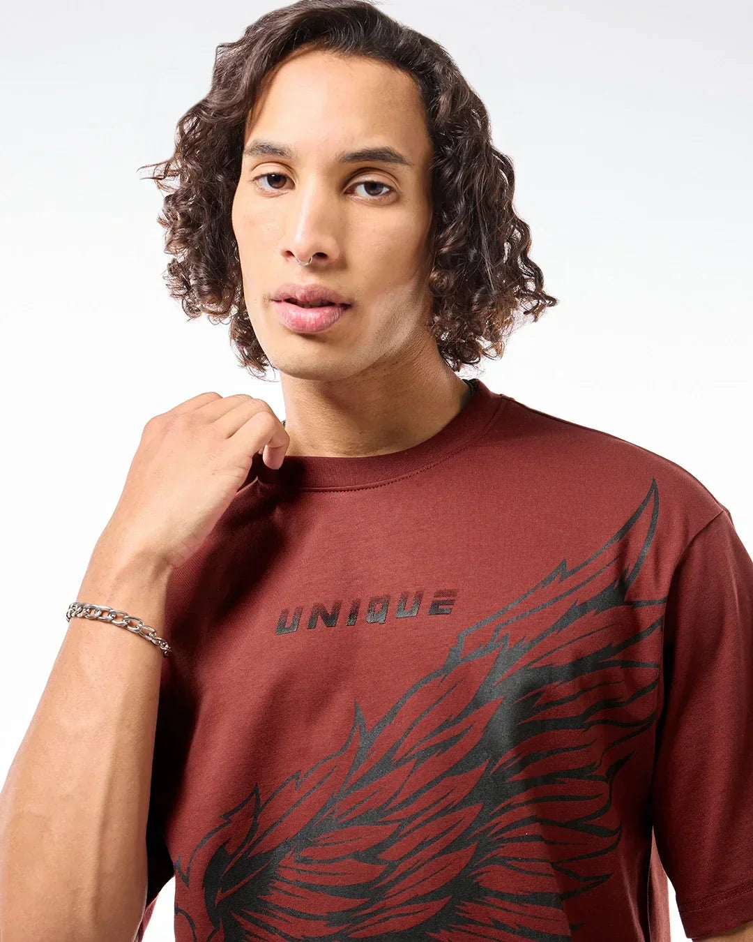Men's Brick Red Unique Graphic Printed Oversized T-shirt