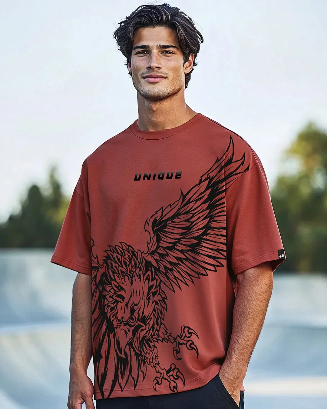 Men's Brick Red Unique Graphic Printed Oversized T-shirt