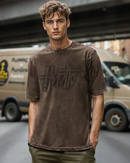 Men's Brown Hustle Typography Oversized Acid Wash T-shirt