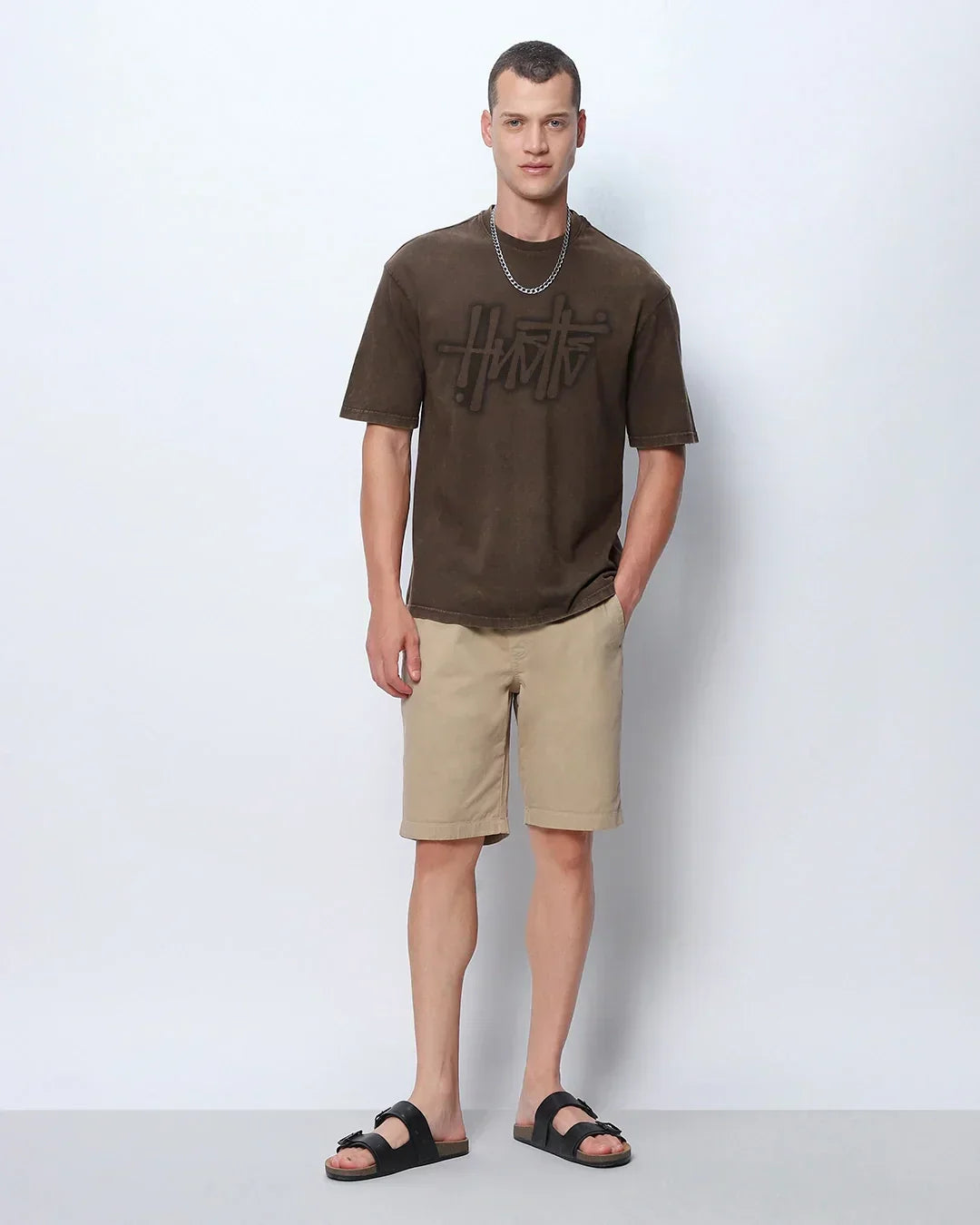 Men's Brown Hustle Typography Oversized Acid Wash T-shirt