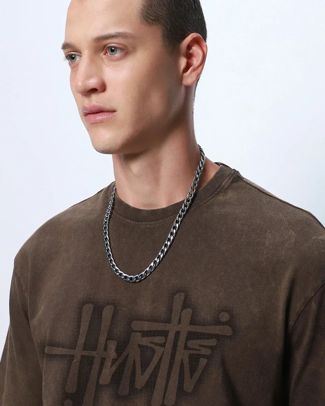 Men's Brown Hustle Typography Oversized Acid Wash T-shirt