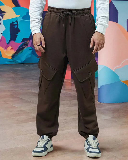 Men's Brown Super Loose Fit Brushed Cargo Joggers