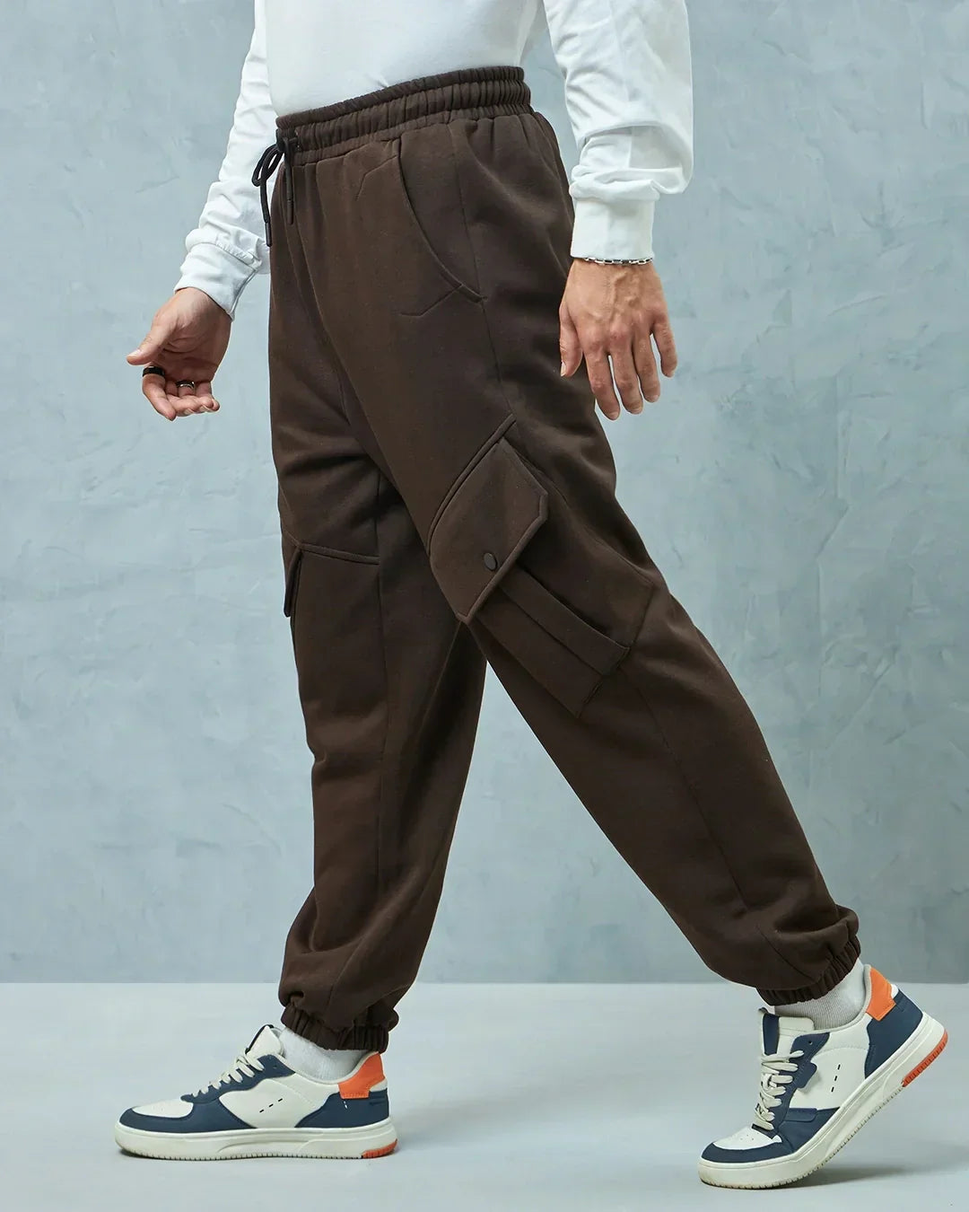 Men's Brown Super Loose Fit Brushed Cargo Joggers