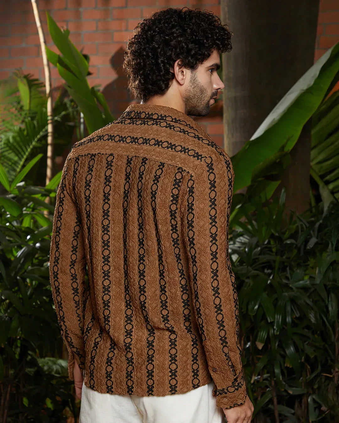 Men's Chocolate Brown & Black Embroidered Shirt