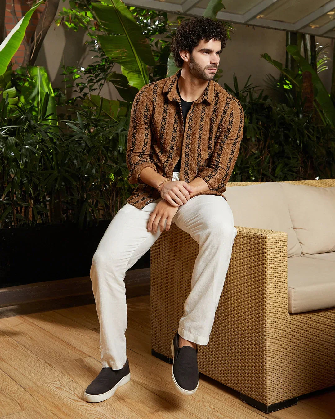 Men's Chocolate Brown & Black Embroidered Shirt