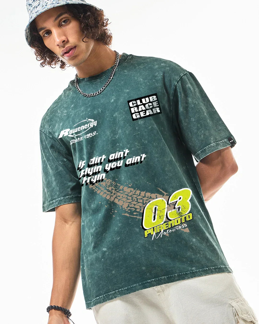 Men's Dark Sea Green Pure Moto Graphic Printed Oversized Acid Wash T-shirt